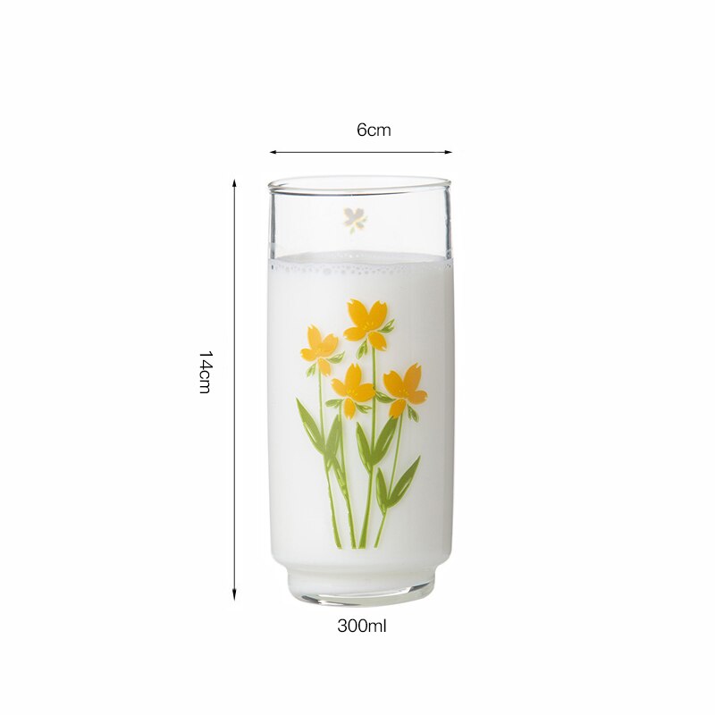 Taza de vidrio usada de Japón y Corea del Sur de 350ML, vaso de vidrio pintado a mano de flor de tulipán, taza de leche de café, taza gruesa impresa en amarillo