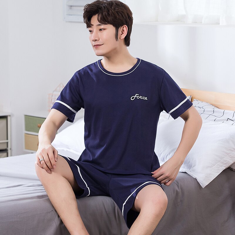 Pyjama Männer 4XL Sommer Dunkelblau Freizeit Zeit verlieren Reine Baumwolle Kurzarm kurze Hose Jugendliche Routine Hause Tragen Einrichtung Dienen