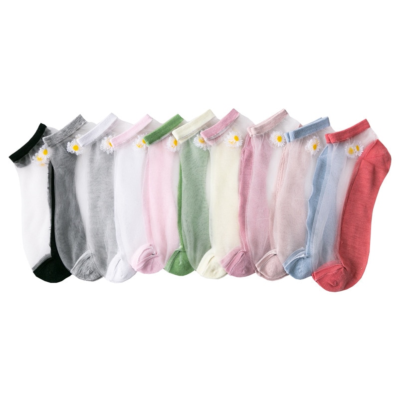 5 par/parti damesokker til sommer ultratynde gennemsigtige silkestrømper af glasfiber daisy flower japan ankelsokker