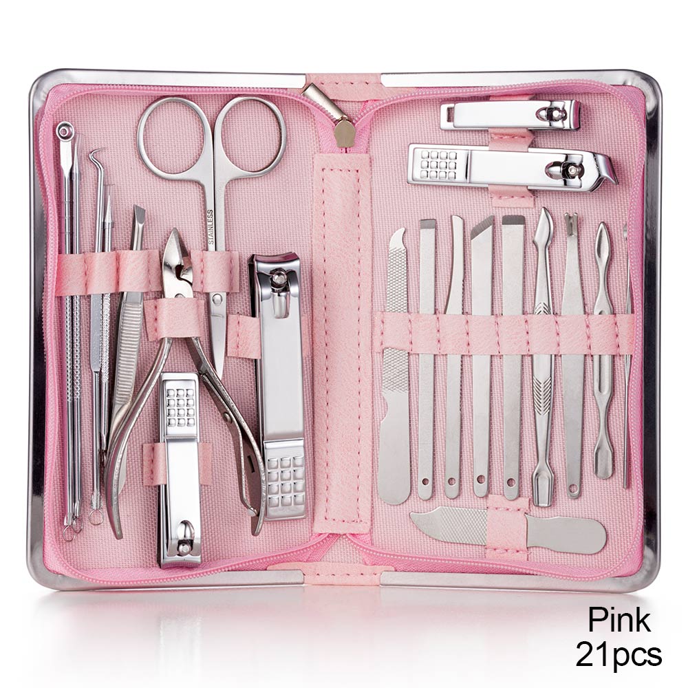 Nail Clippers Set Stainless Full Function Pedicure Tools Kit With Nail Scissors File Acne Needle Tweezers Earpick Manicure Tool: 21 pcs pink