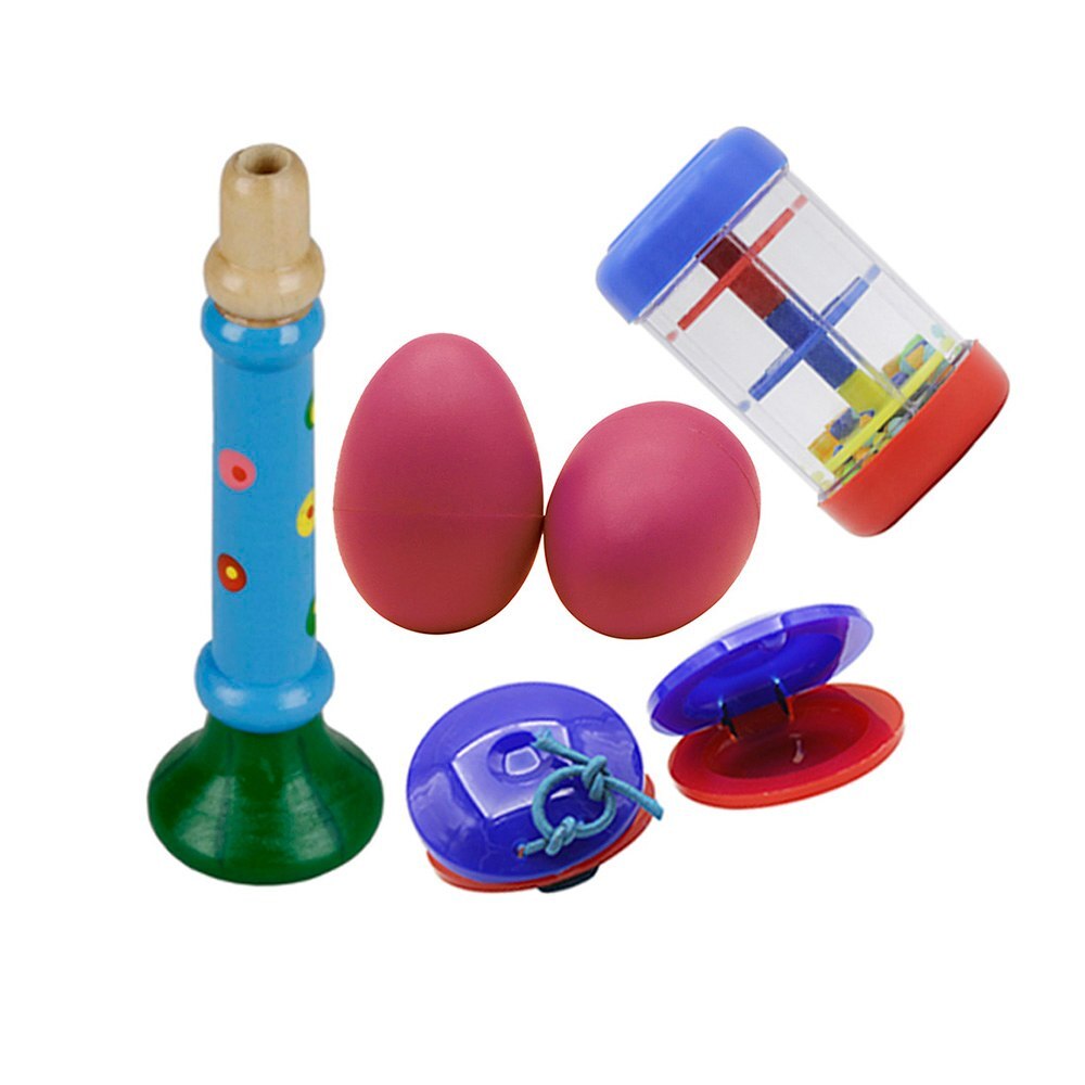 Musical Toys Percussion Instruments Band Rhythm Kit Including Wooden Horn + Rain Stick + Egg Shape Maracas + Castanets