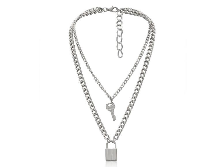 Sleutel En Slot Punk Vrouwen Aluminium Anti Roest Ketting Ketting: Zilver