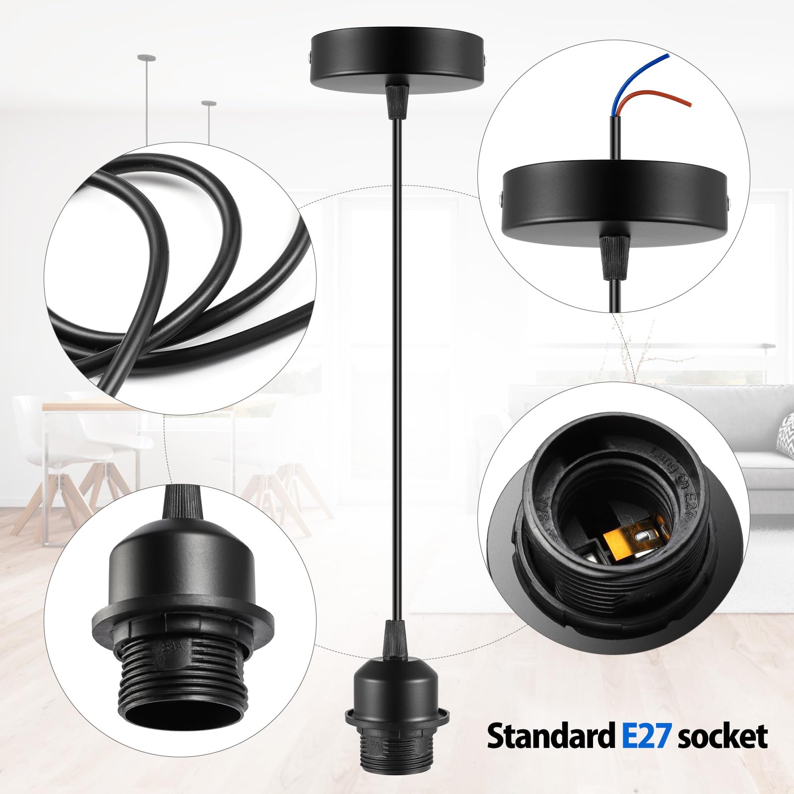 Vintage E26 E27 Full teeth hanging lamp holder with 1M 3M cable ceiling lamp holder socket lamp base for hanging pendant lights