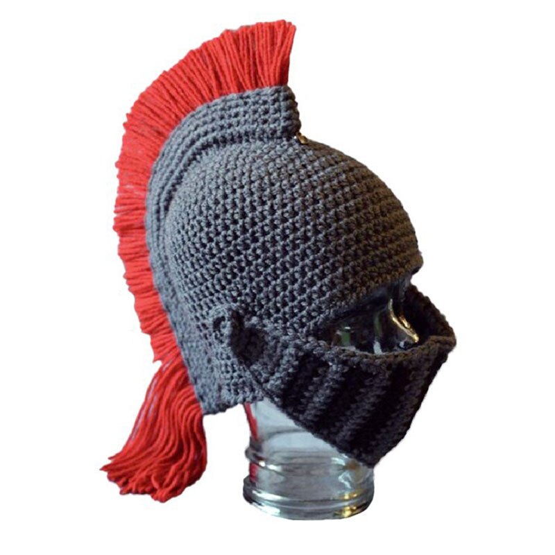 Spartan Helmet Knight Crochet Hat Knitted Hat Ski Funny Mask Warm Winter Caps Beanie for Men Women ALS88: gray red