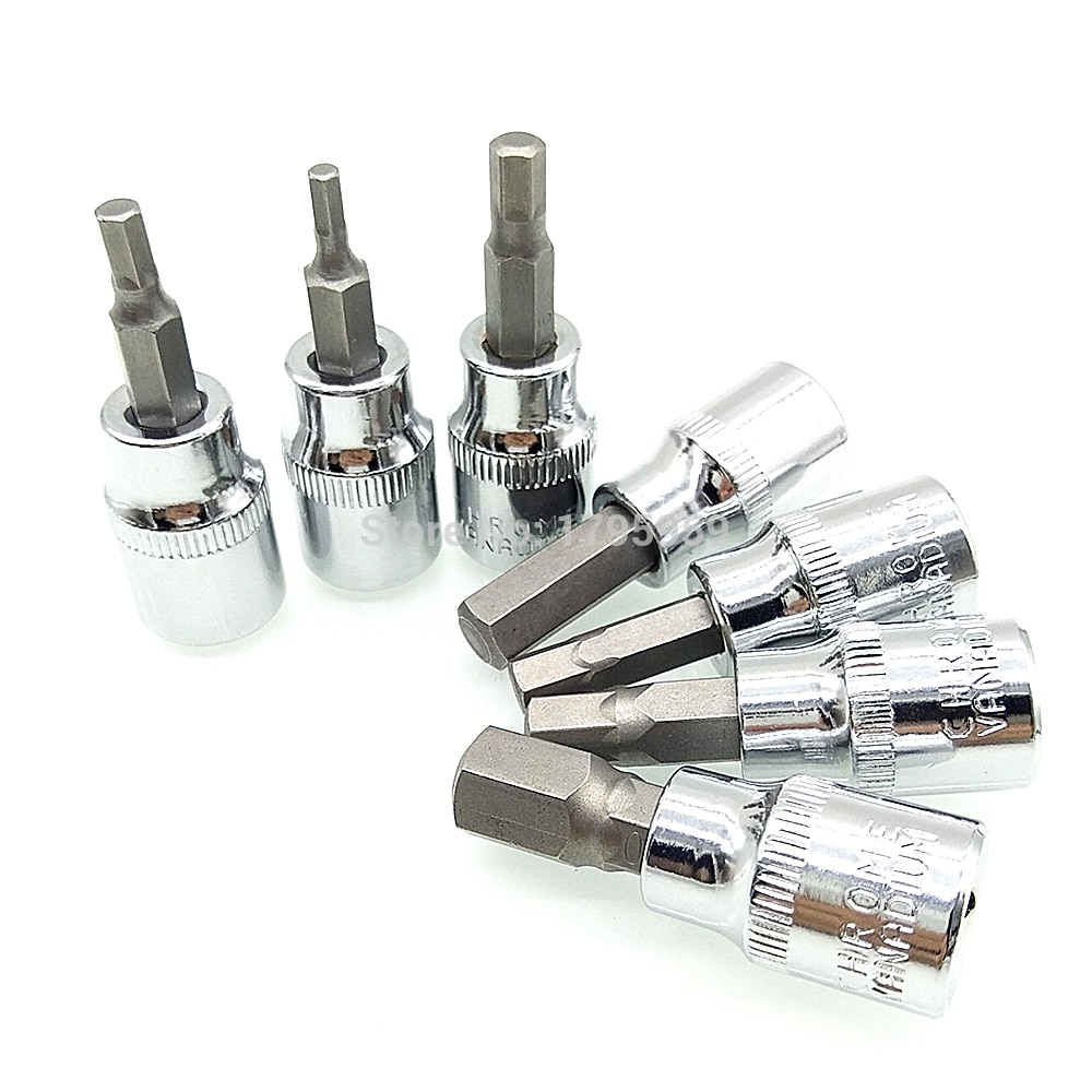 3/8" Square Impact Driver Hex Bit Socket Screwdriver 7 Piece Set H3 H4 H5 H6 H7 H8 H10 Hex Key Socket Wrench Tools 3mm to 10mm