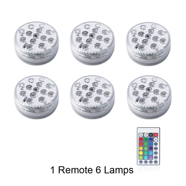 Nedsænket led lys vandtæt undervandslampe fjernbetjening 5v batteri strøm dekorations natlamper til akvarie pool fisketank vase: 1 fjernbetjening 6 lamper / 70 x 28mm