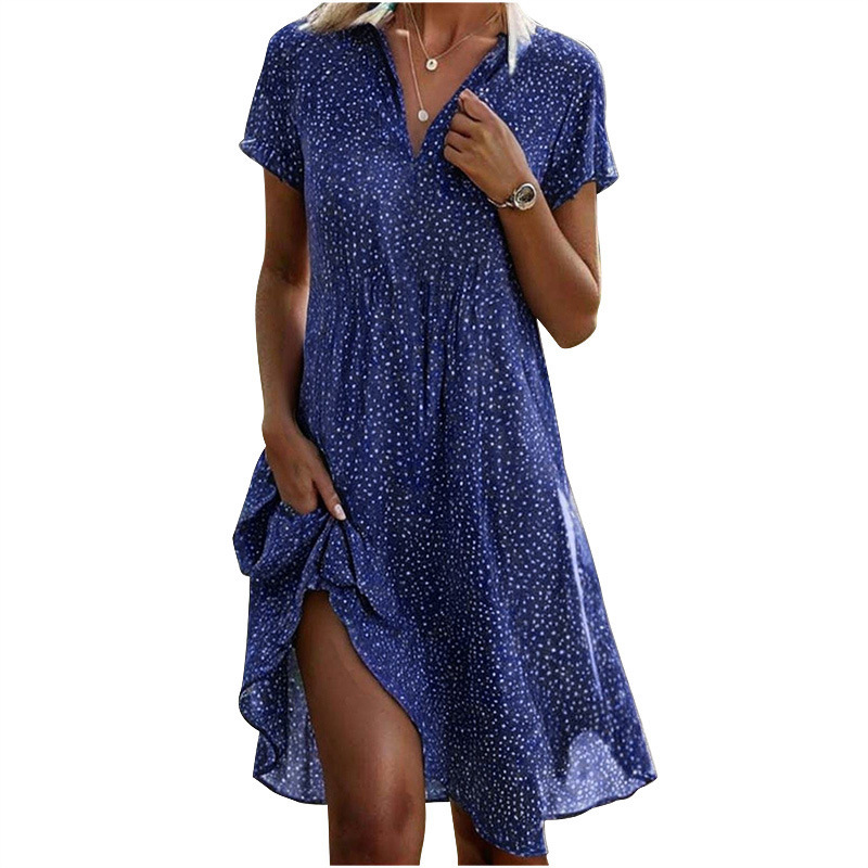 Women Summer Midi Dress Casual Loose Collar Short Sleeve Printed Polka Dot Shirt Dress Women's Clothing