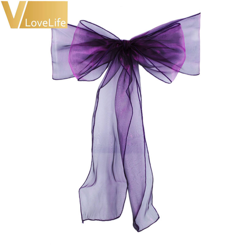 100pcs Chair Sashes Organza Chair Bows Wedding Party Supplies Christmas Valentines Decor Sheer Organza Fabric Chair Decoration: Purple