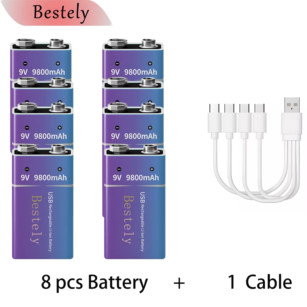 9V oplaadbare lithiumbatterij, 9800mAh langdurige 9v Li-ionbatterijen met kabel, voor rookmelder, alarmen, microfoon: Roze