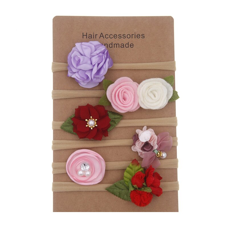 6 stk/sett blomst baby pannebånd nylon elastisk nyfødt barn pannebånd hårbånd for jenter turban perler baby hår tilbehør