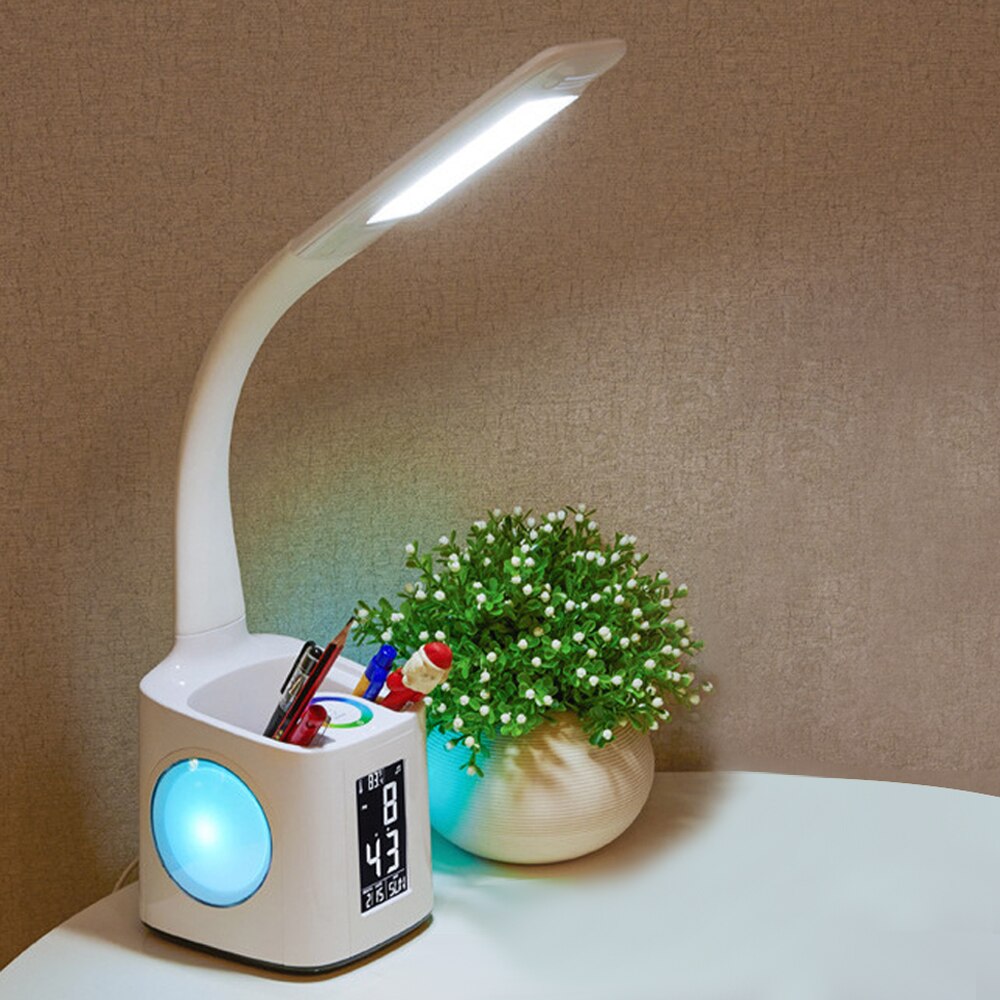 Lampe de bureau à led avec chargeur usb, veilleuse, réveil, thermomètre, calendrier, variateur à 3- niveaux, lampe de table avec porte-stylo et ventilateur: Prise européenne blanche a