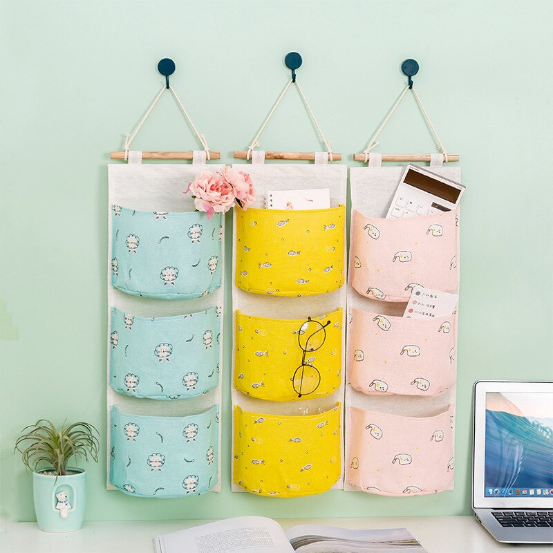 DOITOOL Hanging Storage Organizer Bag - Linen Fabric, Wall Mount For Bedside, Crib, Or Sofa (Beige, 35x26cm)