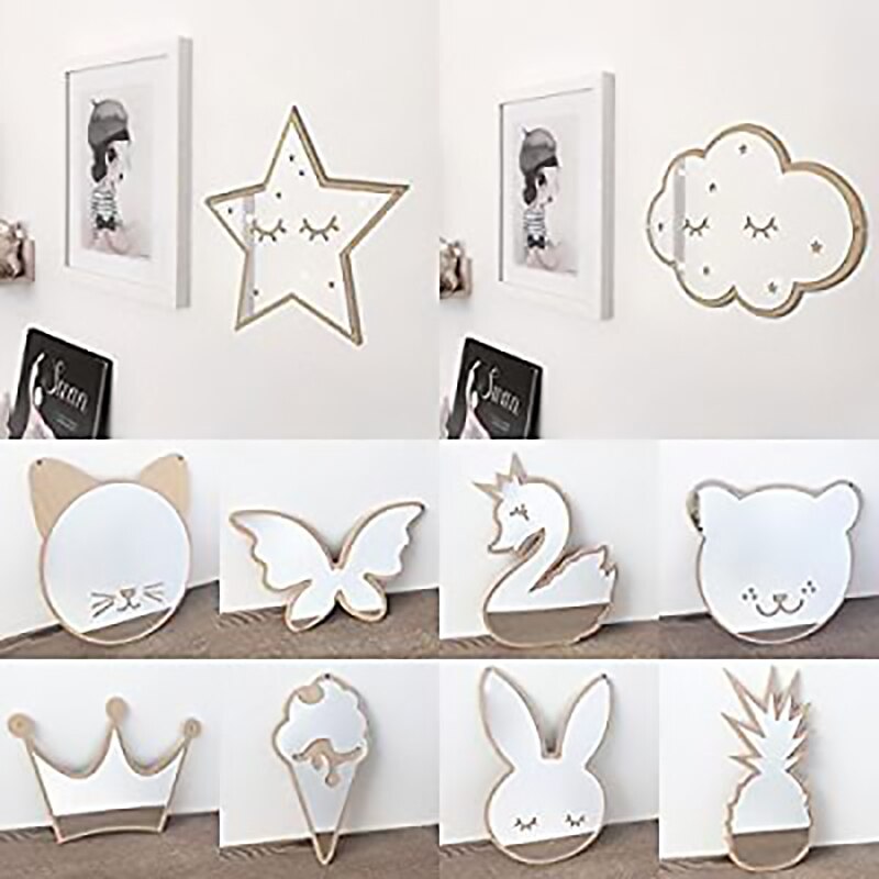 Bricolage chambre d'enfants miroirs muraux décoratifs acrylique décor à la maison cadre en bois pépinière mignon dessin animé miroir Stickers muraux
