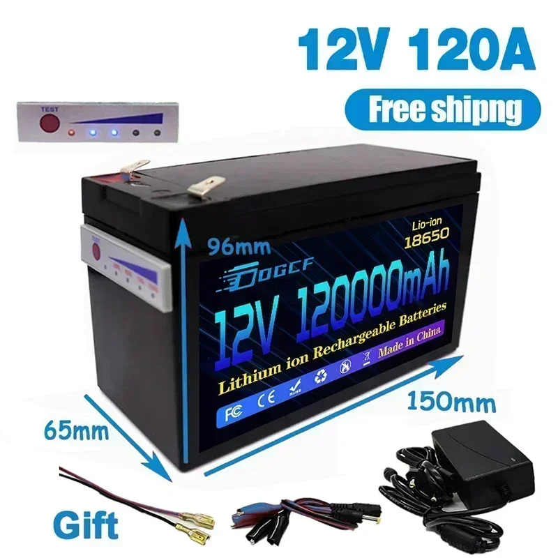 Akumulator 120Ah 12V 18650 Akumulator litowy LiFePO4 Wbudowana ładowarka USB 5V 2.1A + ładowarka 12,6V 3A