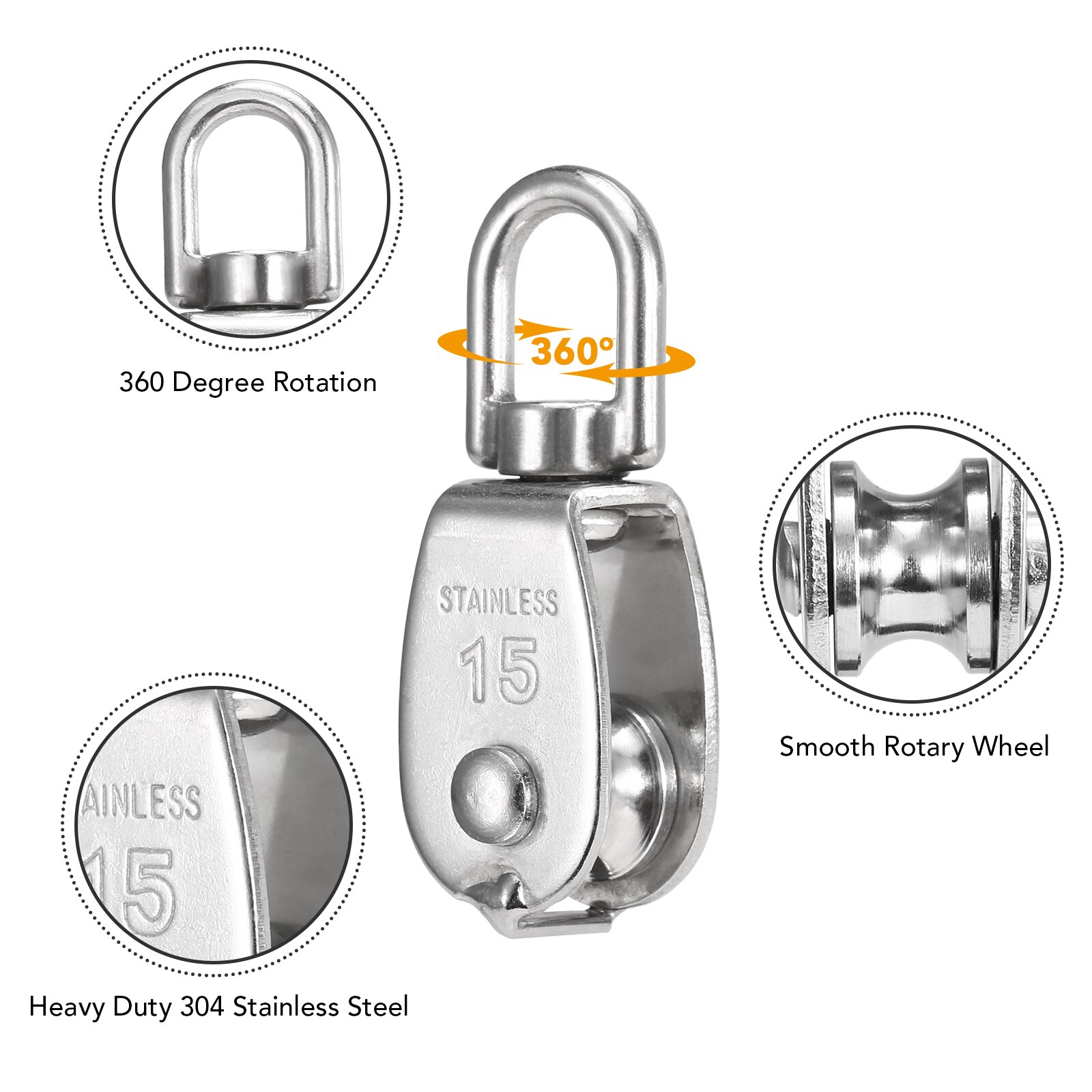 3PCS Lifting Single Pulley Stainless Steel Heavy Duty Single Wheel Lifting Rope Pulley Block for Rock Climbing Fire Survival