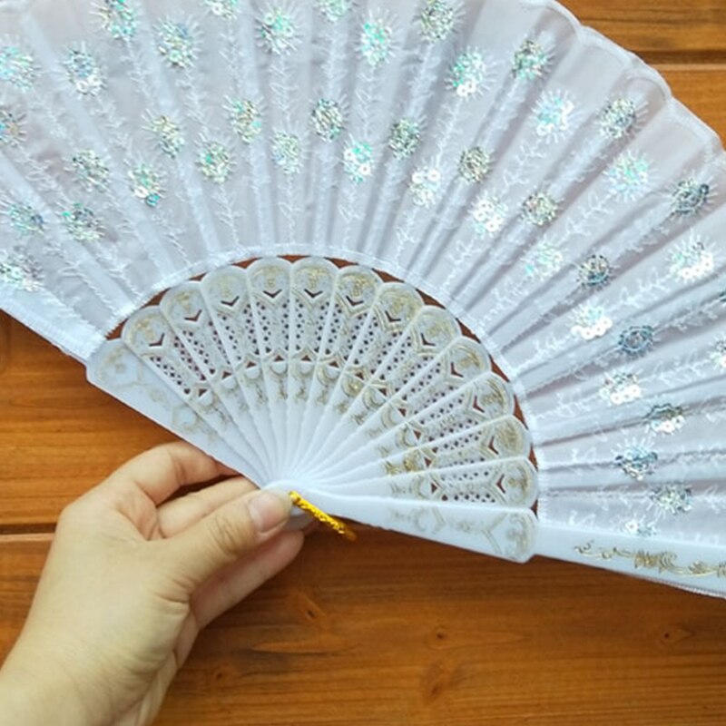 Art Fan Folding Tail Feather Plastic Bone Sequins Carved Hand Fan Summer Accessory Crafts Print Home Decor Embroidery