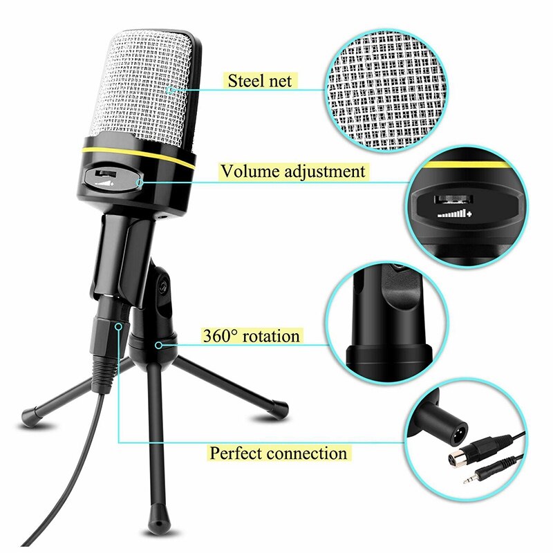 Condenser Microphone 3.5mm Plug Home Stereo MIC Desktop Tripod for PC Video Skype Sing Chatting Gaming Podcast Recording