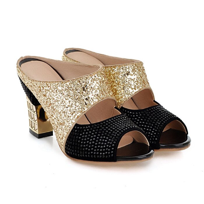 Meotina damesko sommertøffel glitter pigg høye hæler sko sexy krystall peep toe slides dame sandaler rød stor størrelse 34-43: Svart / 10