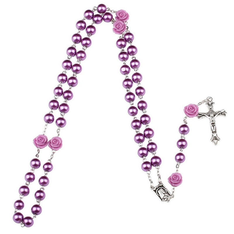 5 stili moda cattolica vergine maria gesù piccola dimensione rotonda perla accessori gioielli catena croce pendente rosario perline collana: Style 2-purple