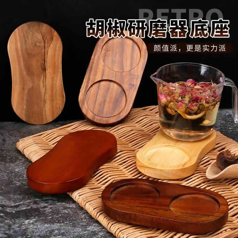 Pepper Mill Tray Bamboo Salt Pepper Shaker Stand Tray Tea Tray Wood Kitchen Storage Holder Home Decoration Crafts