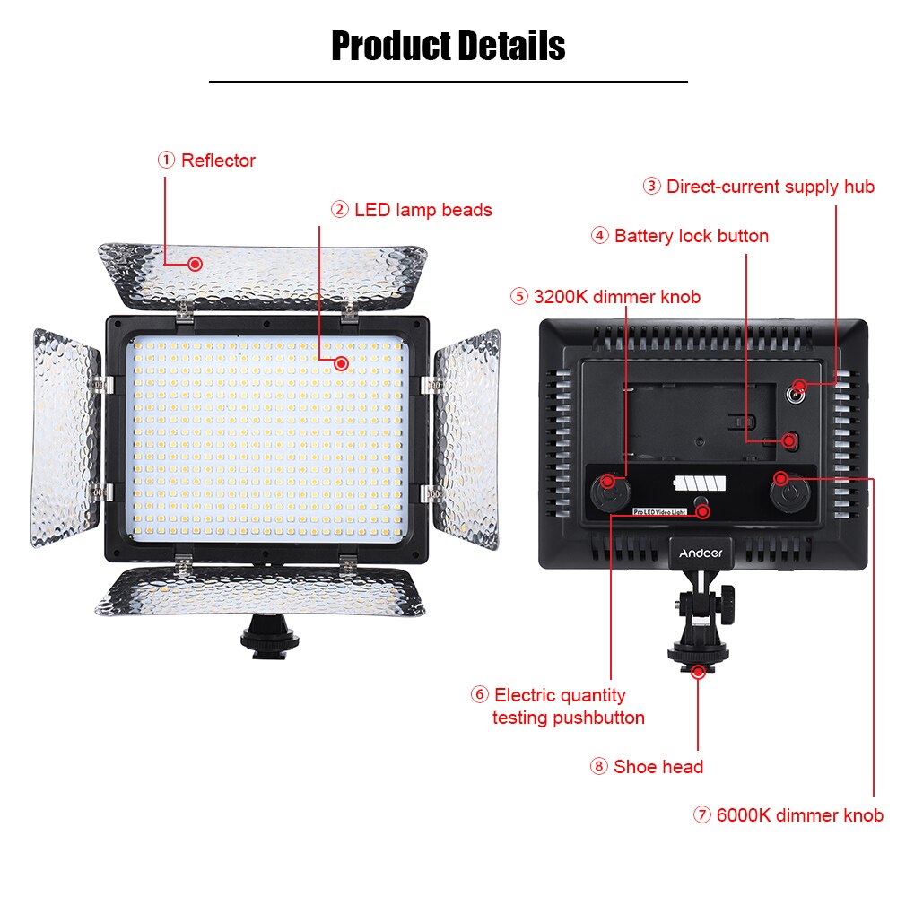 Andoer  w368- ii dobbelt farvetemperatur led videolys 3200k-6000k justerbar lysstyrke fotograferingslys 368 led panellys