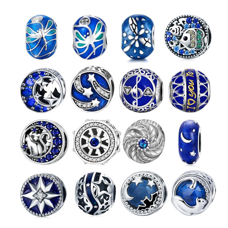 DALARAN 925 Sterling Silver Charms Blue Moon Star Beads For DIY Enamel Fine Jewelry Making Fit Original Charm Bracelets Necklace