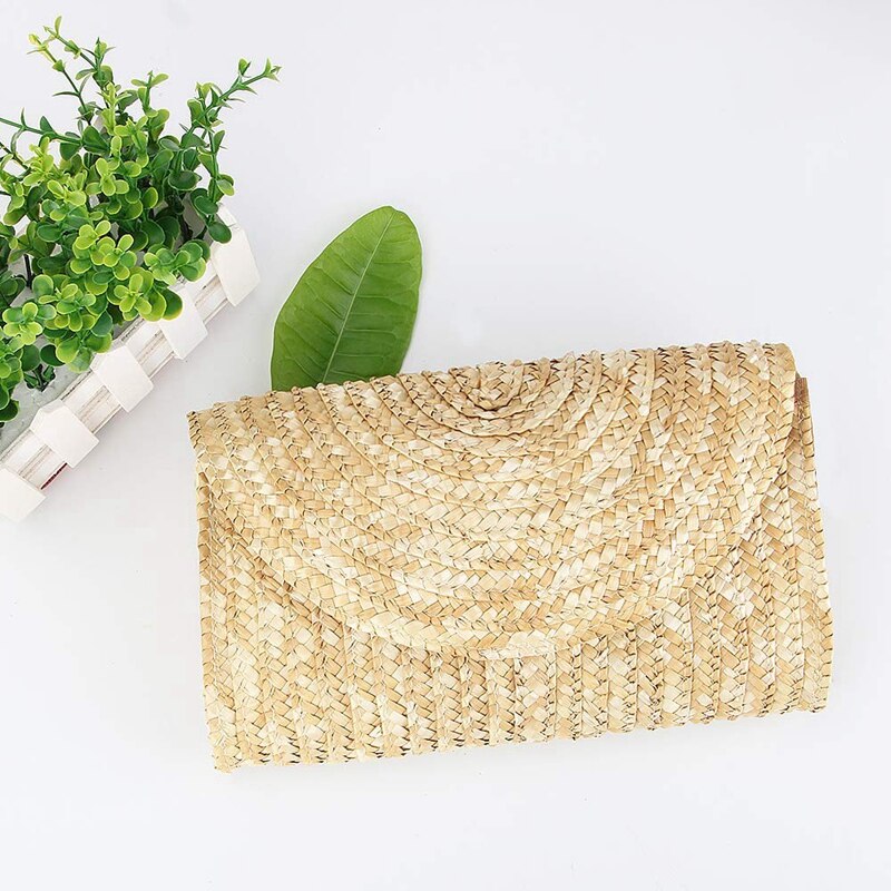 Straw Clutch Purses For Women Summer Beach Handbags, Wedding Envelope Wallet Color: Brown