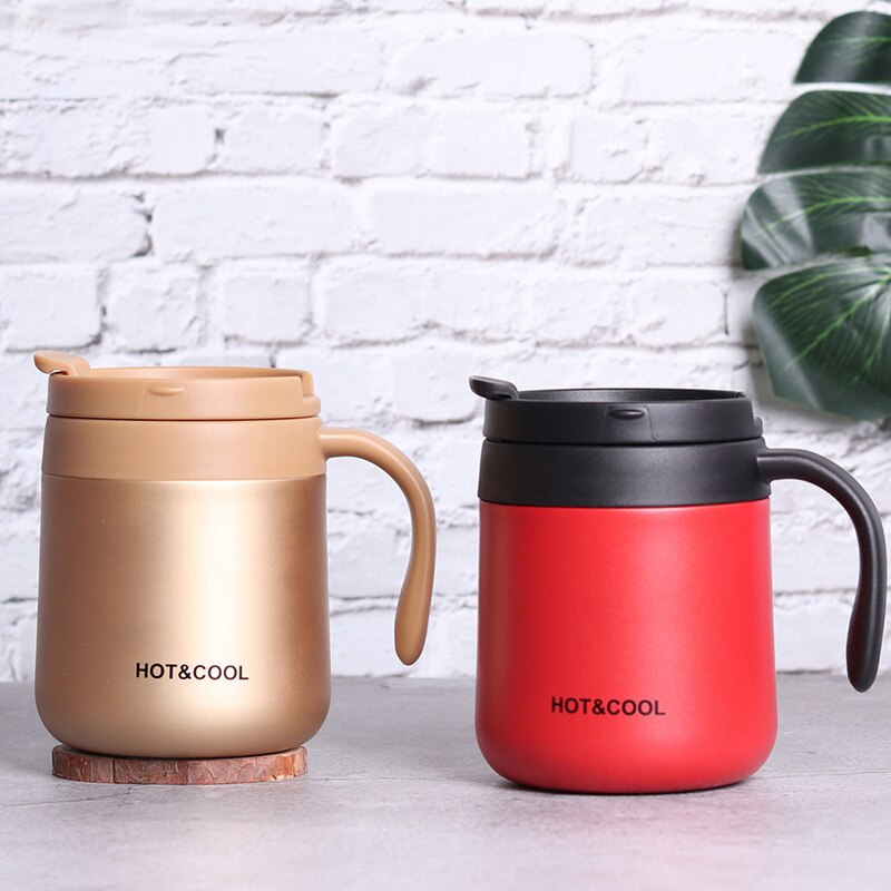 Kort kaffe termosmugg 350ml för vatten te juice isolerad kolv rostfritt stål med lock handtag kopp kontor hem
