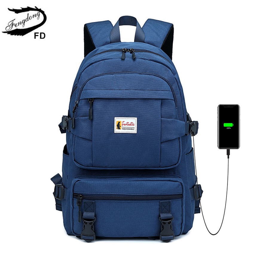 Fengdong sacchetti di scuola per i ragazzi adolescenti usb carica sacchetto di libro studente di scuola zaino impermeabile uomini backbag unisex zainetto