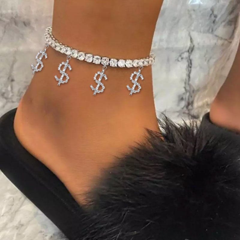 Bling Strass Neuheit Dollar Zeichen Anhänger Fußkettchen Frauen Gold Silber Farbe Kristall Tennis Kette Fußkettchen Strand Barfuß Schmuck