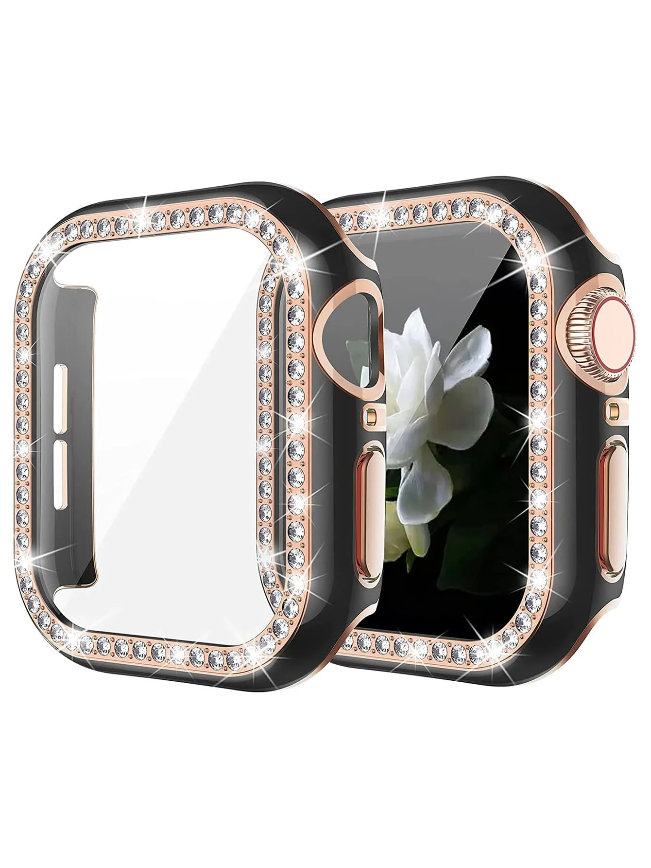 Cristal ostentoso + cubierta para Apple i Watch, 45mm, 41mm, 40mm, 44mm, 42mm, 38mm, parachoques de diamante + Protector de pantalla serie iwatch: Negro / 1 pulgada