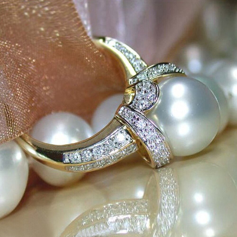 Huitan Imitation perle couleur or anneaux de mariage femmes brillant CZ romantique mariage cérémonie fête anneau accessoires de