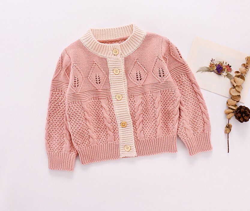 frühling Outwear Baby Kleinkind Mädchen Gestrickte zur Seite fahren Langarm O Nacken Colorblock Schlag-Single-gebrüstet Strick Häkeln Strickjacke: Rosa / 18m