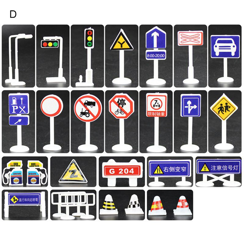 28Pcs Leuke Kinderen Vroege Educatief Speelgoed Stad Road Gebouwen Parking Kaart Verkeer Verkeersborden Stad Kaart Accessoires A-G: traffic signs-D