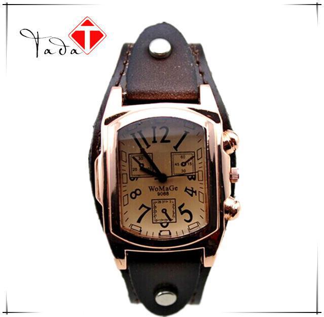 Dames heren rechthoekig analoog horloge met roestvrijstalen kast en leren band dames quartz sporthorloge: Bruin