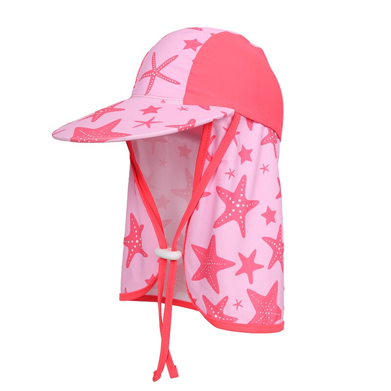Gorra para niños con protección de cuello cubre el sol para niños gorra de natación UV de sombrero de ala grande playa ajustable de verano con cubierta de oreja: Pink starfish