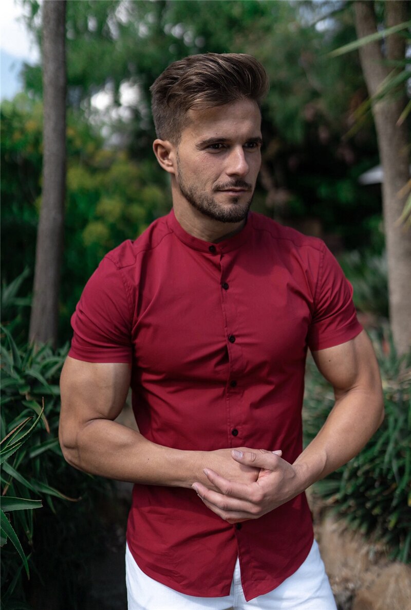 Heren Korte Mouw Zomer Plain Slim Fit Overhemden Fitness Mannen Gym Kleding Mode Casual Sociale Stand Zakelijke Shirts
