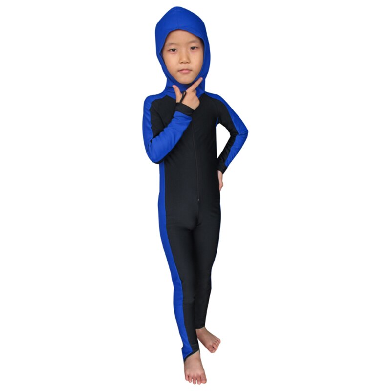 SBART Anti-UV Wetsuit Kids Lycra Hooded Long Sleeve one piece Suit Full Body Swimwear Boys Girls Dive Skins Diving Swim Suits: Blue / XL