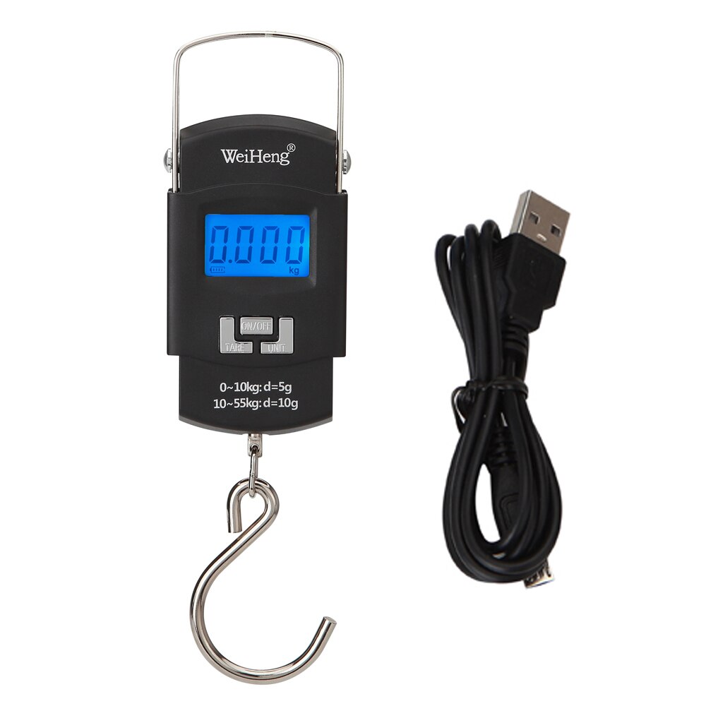 Báscula electrónica portátil recargable WeiHeng WH-A25, báscula de equipaje con pantalla LCD, conversión de múltiples unidades, almacenamiento retráctil