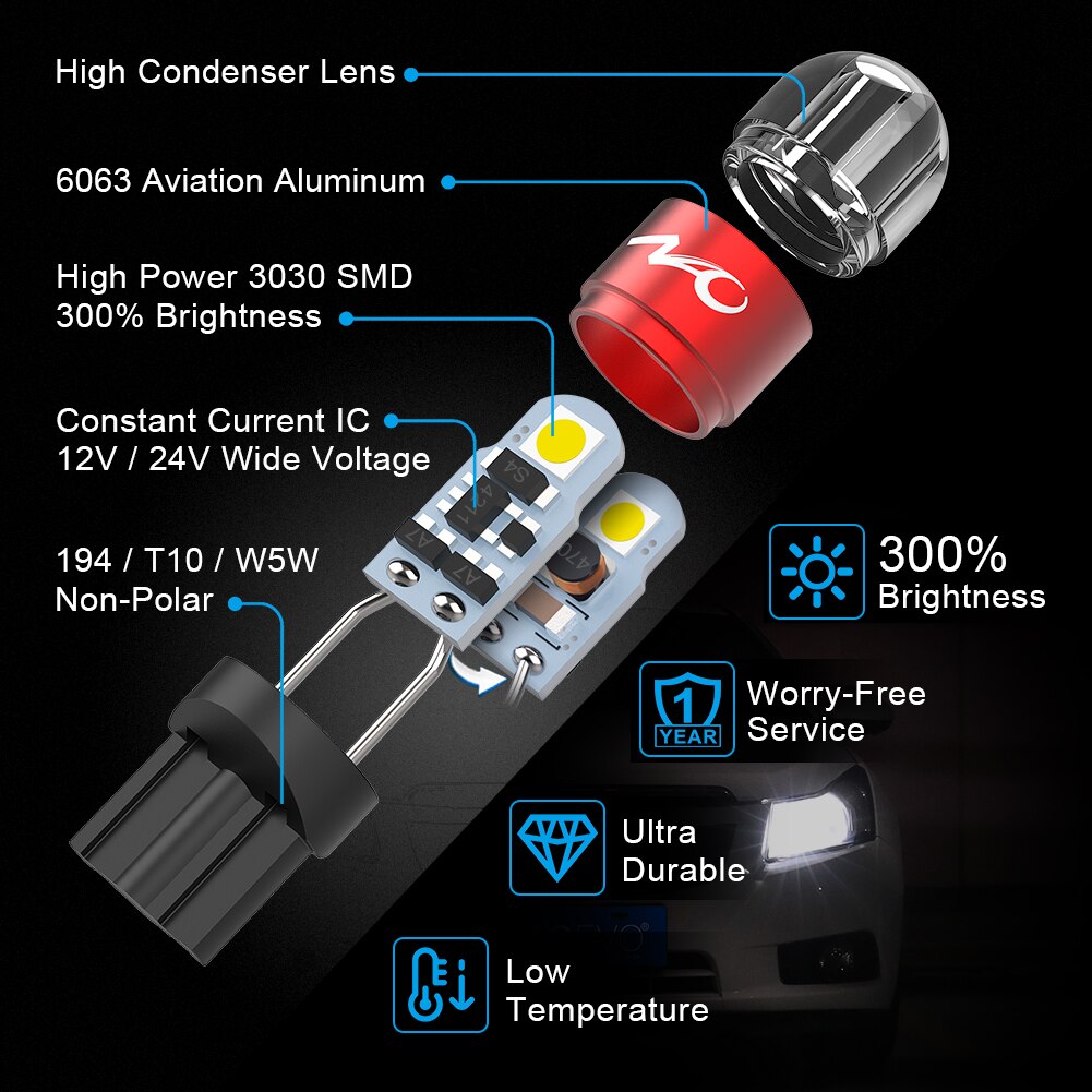 NAO T10 LED W5W ampoule LED 3030 SMD 168 194 5W5 accessoires de voiture feux de dégagement lampe de lecture Auto 12V 6000K blanc ambre rouge moteur