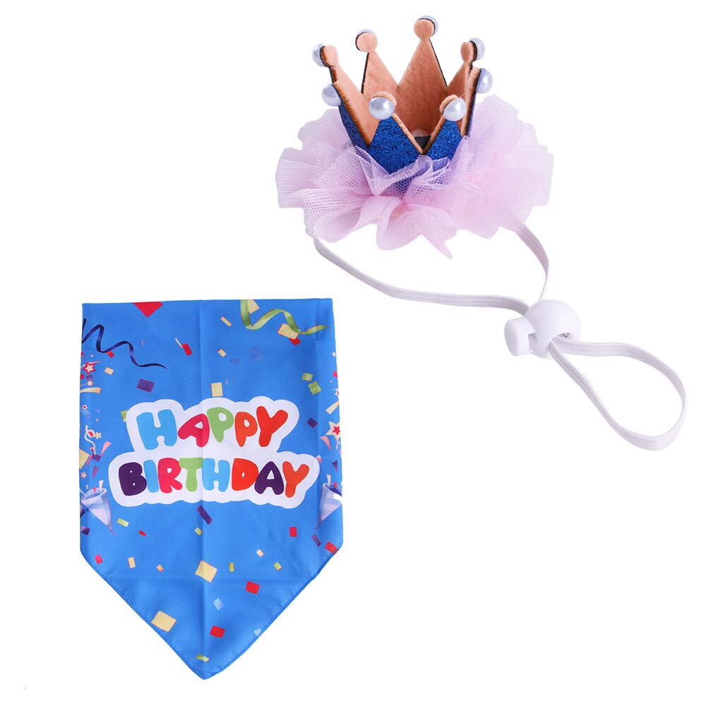 Conjunto de vestido de cumpleaños para gato, corona de perlas, Combo de sombrero y bufanda triangular, suministros para mascotas, decoraciones para gatos, tocado de gato: blue