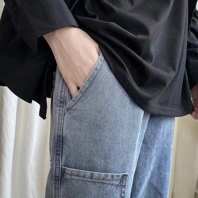 Homme jean pantalon jambe droite jeune élastique cordon ceinture jeune shalwar garçon décontracté pantalons large jambe baggy pantalon bleu