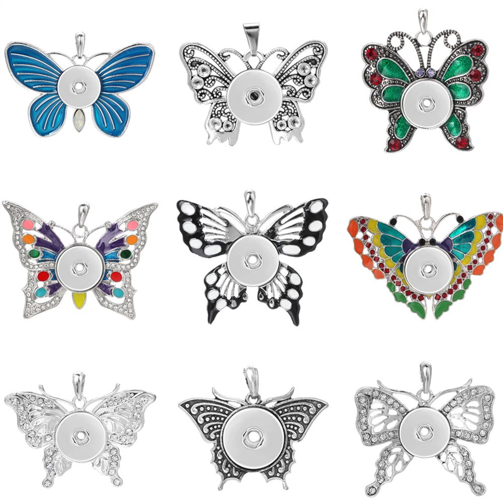 Colorful Butterfly Snap Button Pendant Jewelry Fit 18mm Metal Snap Buttons Jewelry Snap Pendant Necklace ZG146