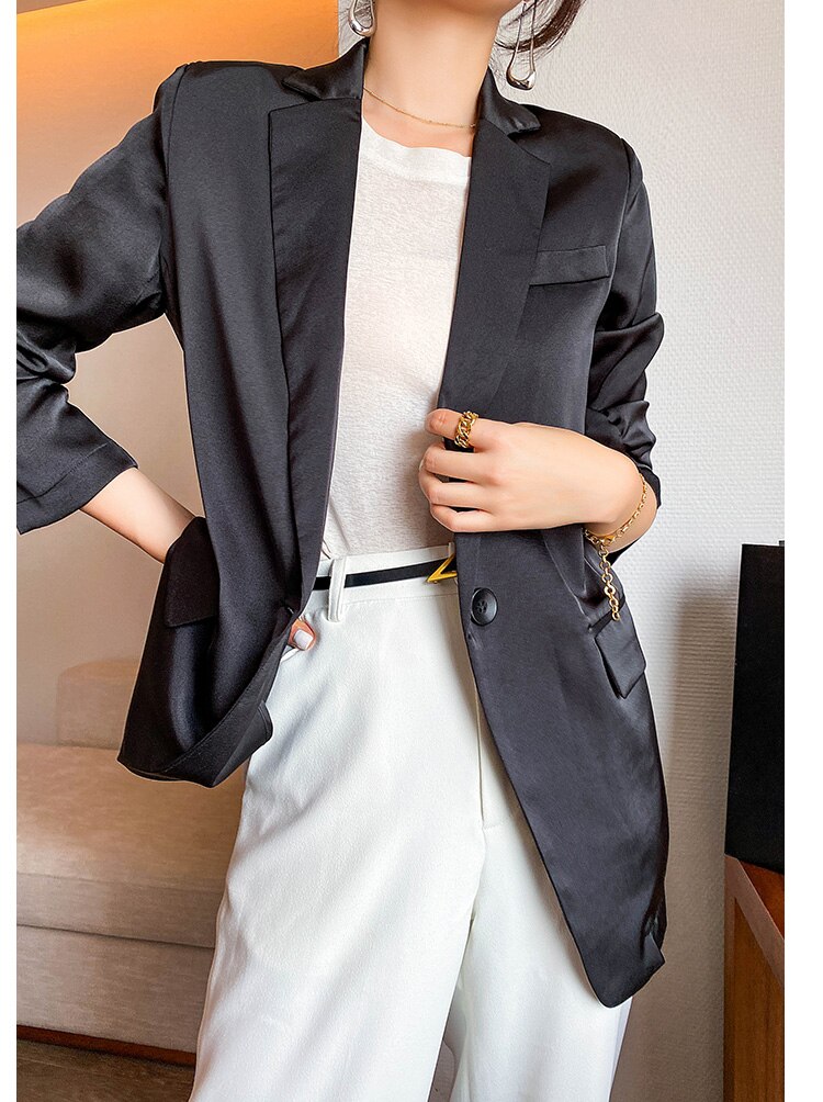 blazer da donna in raso nero signora ufficio opera femmina decente 2020 estate femme magro completo da uomo giacche