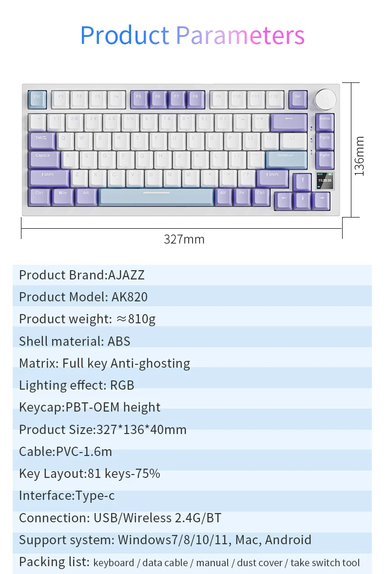 AJAZZ AK820 clavier de jeu mécanique filaire et sans fil 75% disposition compacte, commutateurs remplaçables à , connexion Tri, rétro-éclairage RVB