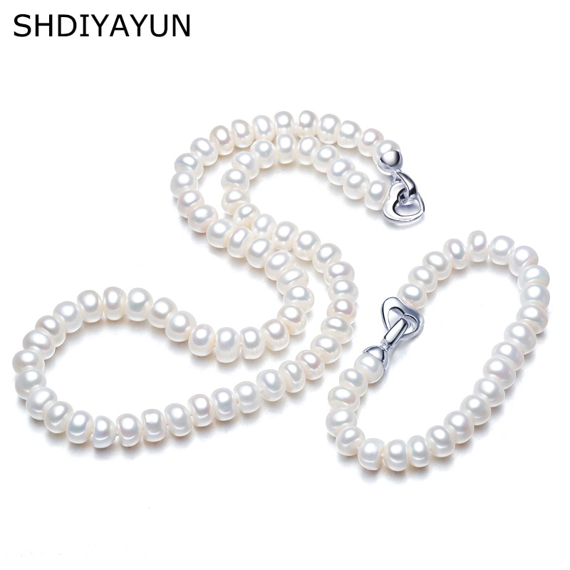 SHDIYAYUN Necklace Pearl Jewelry Set Freshwater Pearl Jewelry Love Button 925 Sterling Silver Necklace Bracelet For Women