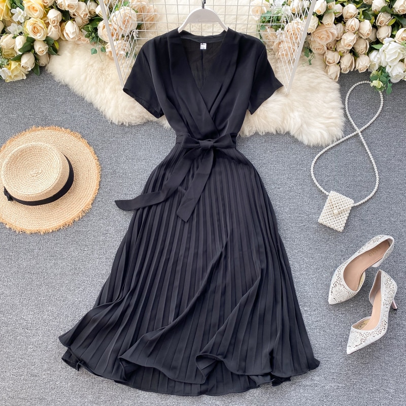 Midi retro Dress Women's Solid Color V-neck Lace-up Waist Slimming over-the-Knee Pleated Dress Office Lady