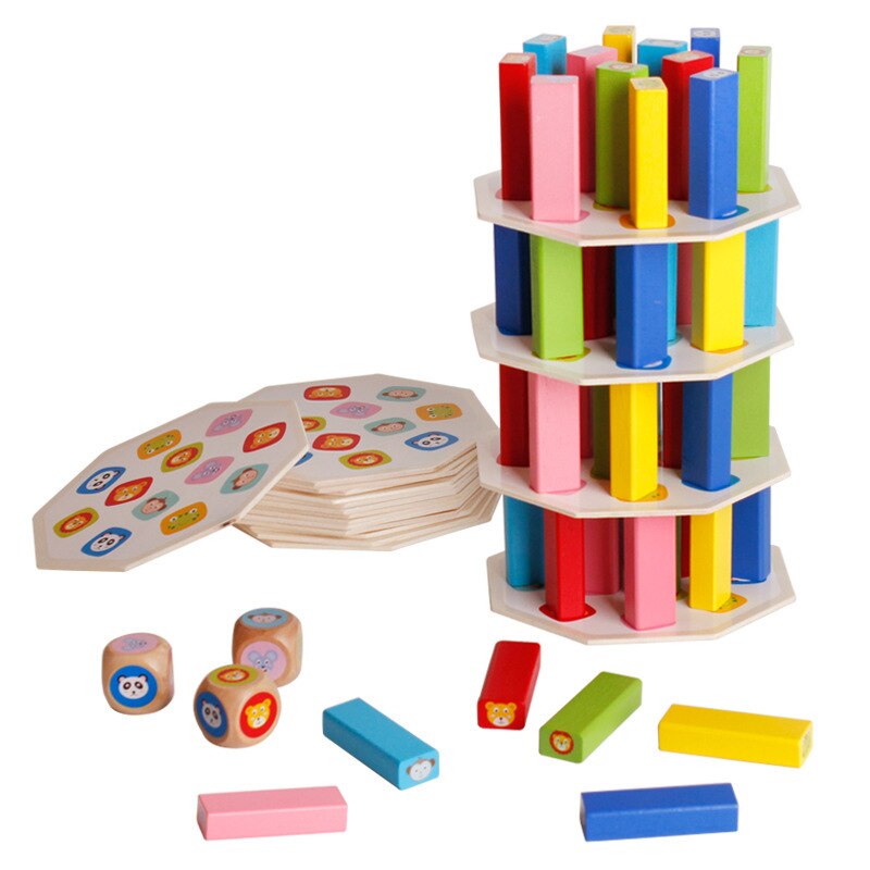 Wooden Stacking Tower Animal Block Plate Dice Set Kids Domino Game Play Developmental Building Toy