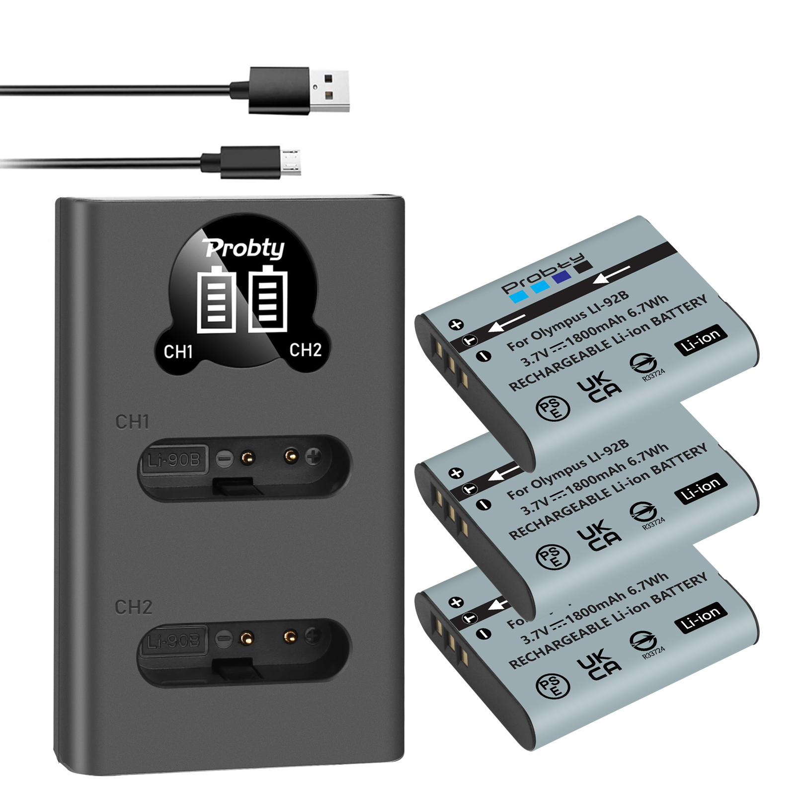 Batería de 1800mAh Li-92B Li-90B DB-110 + cargador para Olympus Tough TG-5 TG-4 TG-6 TG-2 TG-1 SH-1 SH-2 SH-60 SH-5: Negro
