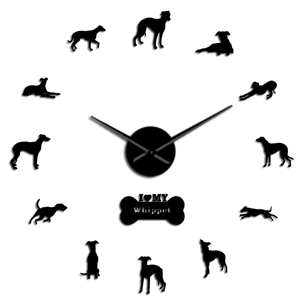 Oversized Whippet Dog Portrait 3D Acrylic DIY Wall Clock Italian Greyhound Canine Animal Mirror Effect Wall Stickers Clock Watch: Black / 37inch